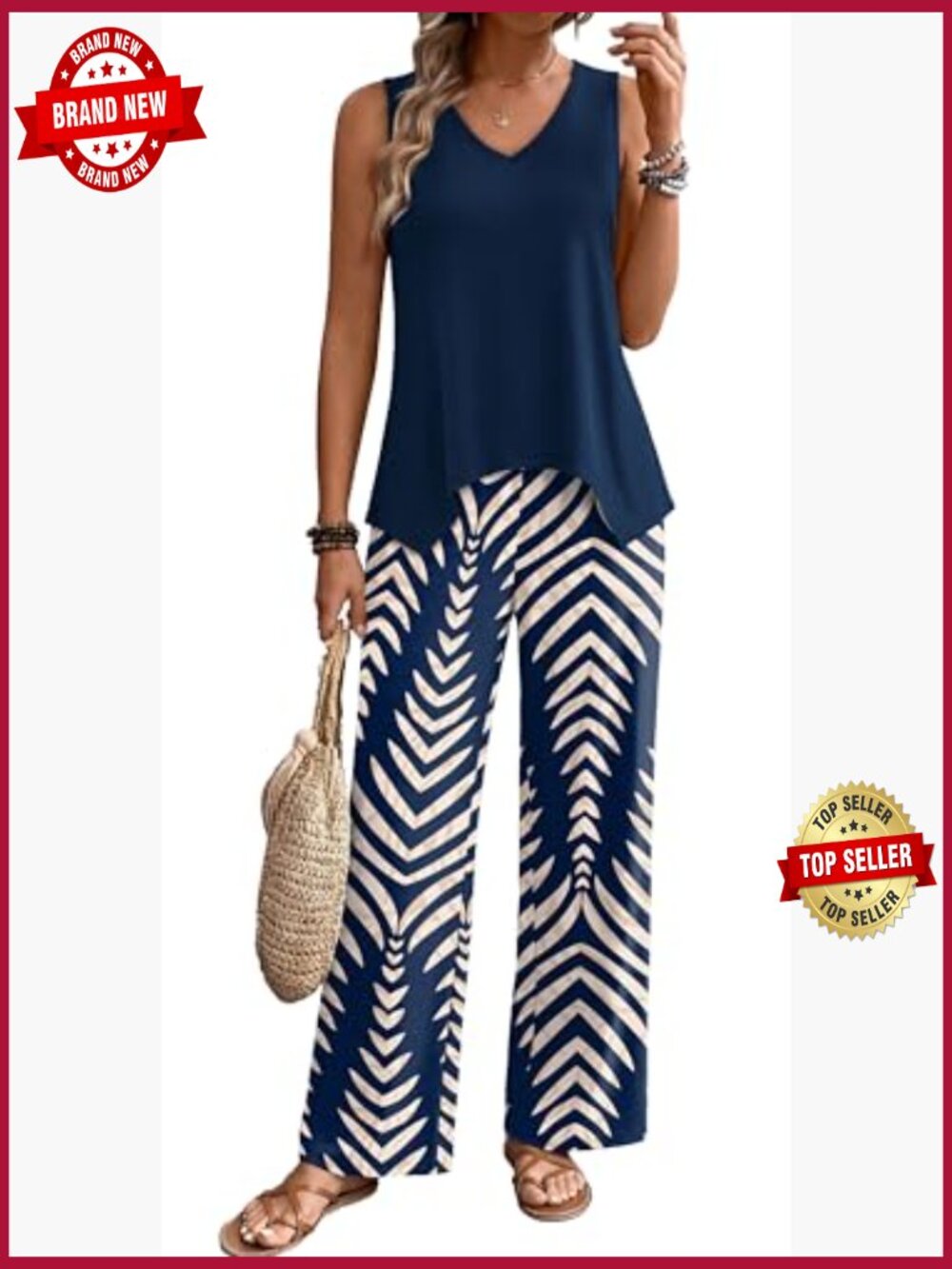 Two Piece Lounge Set Sleeveless Wide Leg Pants Set Summer Cruise Vacation - Picture 3 of 7